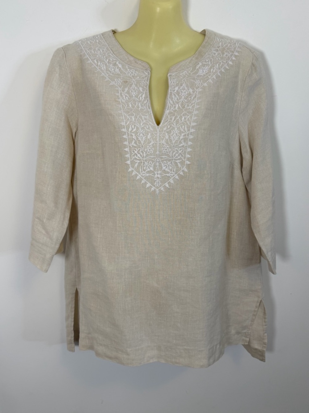 Jones New York Embroidered Tan Linen Tunic